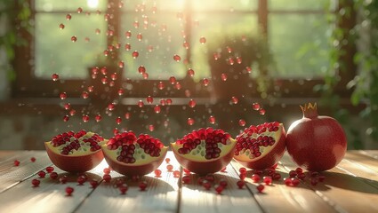 Fresh Pomegranates Splitting Open with Seeds Falling in Slow Motion.