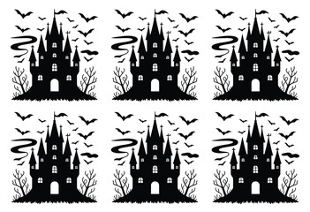 Set of six spooky silhouette haunted castles with bats and twisted trees for halloween vector graphic silhouette vector illustration white background