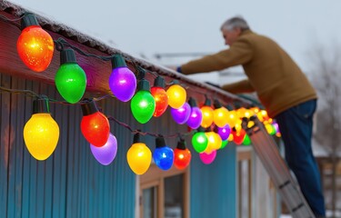 Man decorating house with christmas lights on ladder
