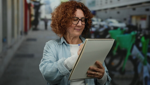 Woman writing on notebook in city street outdoor middle age brunette hispanic focused casual urban daytime scene pen glasses