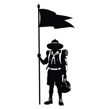 Silhouette of a scout holding a flag with backpack and bag standing on a white background