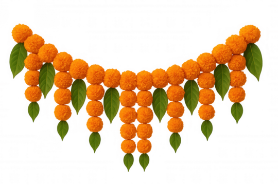 Orange marigold flower garland with green leaves for indian festival decoration, transparent background