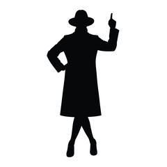 Silhouette of a person in a hat and coat pointing upwards with one hand on their hip in black
