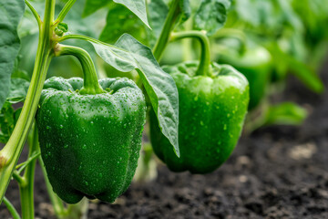 Two green bell peppers hang from their plants in a vibrant garden, glistening with dew, surrounded by rich, dark soil and greenery