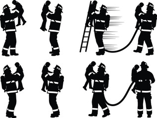 Firefighter rescuing children vector set in black silhouette style showing emergency rescue scenes, heroism, safety, and child protection moments