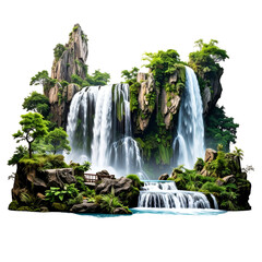 A cascading waterfall tumbles over rocky cliffs, surrounded by lush greenery, under a clear sky