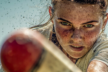 A young girl concentrates intensely as she prepares to swing her bat in a baseball practice under a clear blue sky