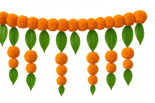 Indian marigold flower and mango leaves garland toran for diwali, hindu festival, and wedding decoration on transparent background