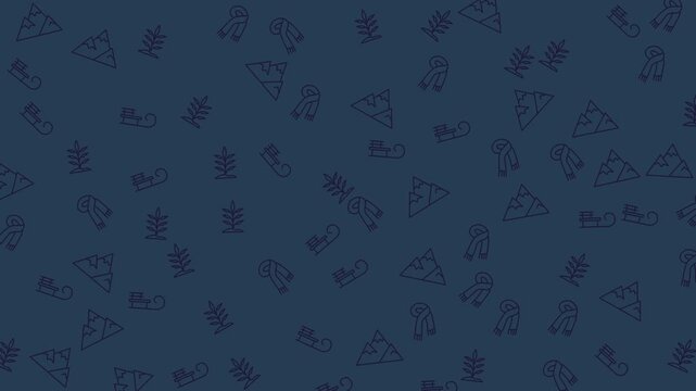 Seamless winter background with mountains, trees, scarves, and sleds for holiday designs. Perfect for winterthemed websites, cards, and decorations.