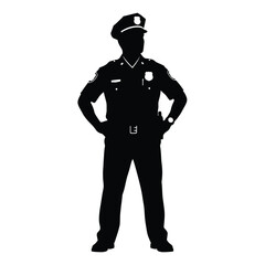 Silhouette of a police officer standing with hands on hips wearing a uniform and a hat badge