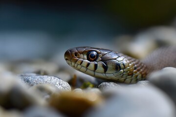 Fototapeta premium Closeup of a snakes head among pebbles showcasing detailed scales and a watchful eye