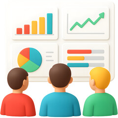 Obraz premium A professional team of colleagues analyzing business performance data on a digital dashboard with charts, graphs, and infographics for strategic planning and growth