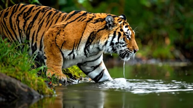 Majestic Tiger Drinking Water - A Glimpse into Wildlifes Serenity.