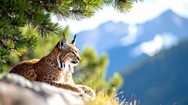 Wild Eurasian Lynx Resting Peacefully in a Sunny Mountain Habitat.