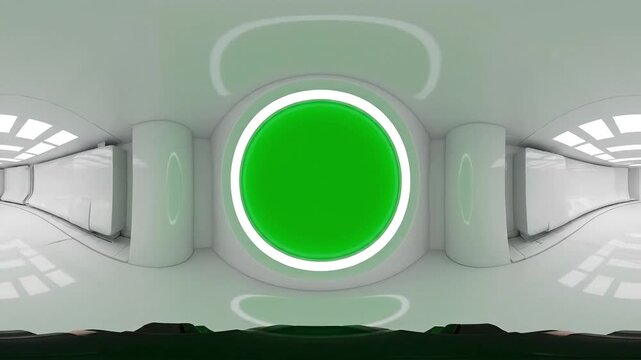 Futuristic virtual reality portal with glowing green screen in modern sterile environment