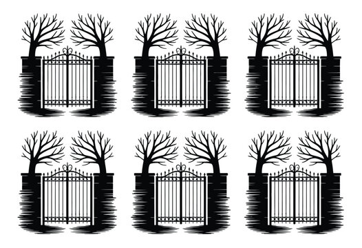 Set of six black silhouette illustrations of ornate gates and bare trees vector graphic silhouette vector illustration white background