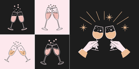 Elegant champagne glasses clinking with bubbles and sparkling stars for celebration party illustration © Vectyx