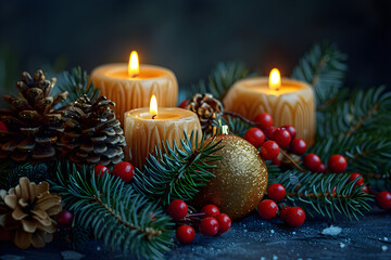 Festive winter candles and ornaments isolated on white background