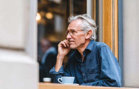 Thoughtful morning break at a café window, enjoying tranquility with a cup of coffee