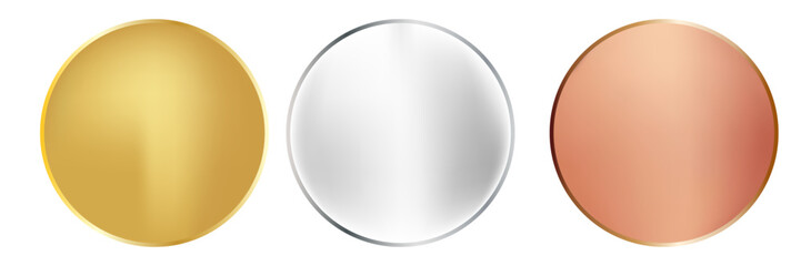 Award golden, silver and bronze blank medals 3d vector realistic illustration. First, second and third place medals or buttons isolated on white background. Vector Illustration