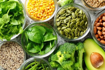 Obraz premium Fresh and Nutrient-Packed Ingredients Showcasing Vibrant Greens and Colorful Produce for Healthy Living and Culinary Creativity captured with clarity