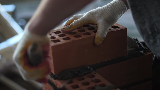 Builder laying red bricks with trowel and mortar during wall construction work