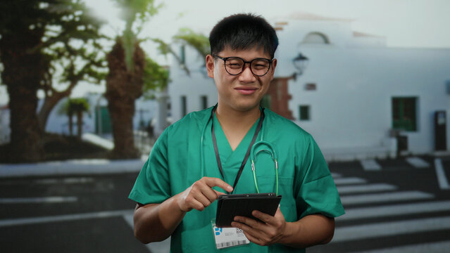 Young man in green scrubs using a tablet outdoors with stethoscope on city street with blurred background of trees and buildings indicating a medical professional on the move