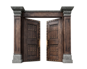 Mysterious open wooden gate with stone frame. This antique entrance, medieval object isolated on transparency background, invites you to enter castle or fantasy world