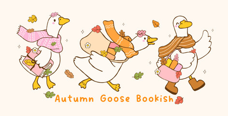 Cute Autumn Bookish Silly Goose Reading Book Cozy Fall Vibe Cartoon Hand Drawn Banner