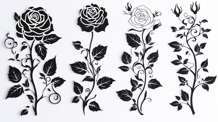 Black and White Rose Silhouettes, Decorative Design, Floral Patterns, Isolated Elements