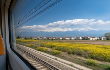 Naklejka premium Breathtaking view of the Alps from inside an express train traveling through Italy with blooming yellow rapeseed flowers