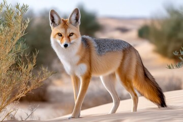Fototapeta premium Arabian red fox watching while standing on desert sand