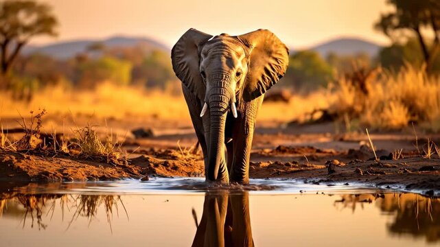 Majestic Elephant Reflection - A Serene African Wildlife Encounter at Sunset.