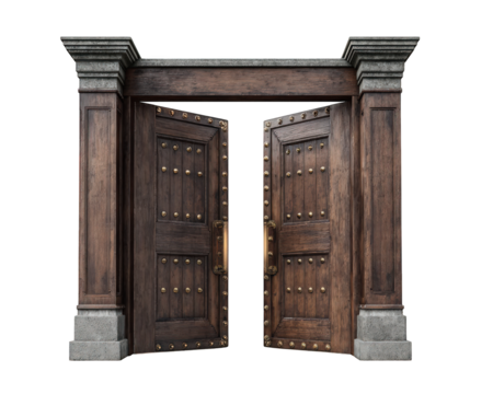 Mysterious open wooden gate with stone frame. This antique entrance, medieval object isolated on transparency background, invites you to enter castle or fantasy world