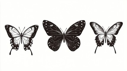Black and white butterfly illustration, three butterflies, different sizes, isolated, nature background, graphic design, stock photo