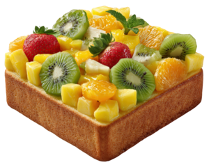 Delicious gourmet fruit tart, sweet dessert pastry on square toast. Fresh appetizing treat with strawberry and kiwi, refreshing and colorful snack for brunch