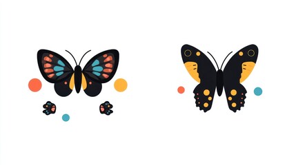Two colorful butterflies, flat design, simple background, decorative image, ideal for children's books or educational materials