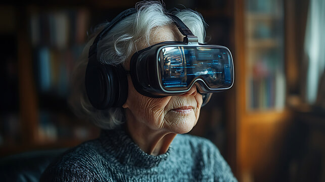 Curious senior woman exploring educational content on virtual platform 