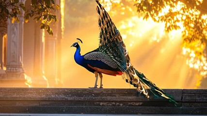 Majestic Peacock Displaying Iridescent Feathers in Golden Sunlight.