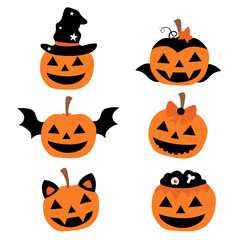Set of Halloween pumpkins. Halloween pumpkin collection. Scary and spooky pumpkins collection. Funny cute smiling pumpkins in flat design. Symbol of the Happy Hallow