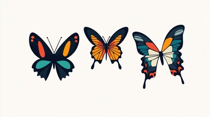 Three colorful butterflies, graphic design, decorative illustration