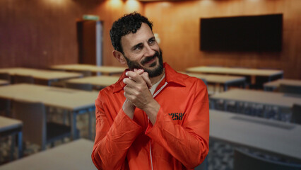 Man in orange jumpsuit clapping in a classroom setting with blurred background of tables creating an unusual prison classroom atmosphere focusing on hope and change.