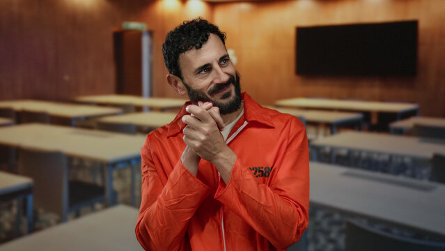 Man in orange jumpsuit clapping in a classroom setting with blurred background of tables creating an unusual prison classroom atmosphere focusing on hope and change.