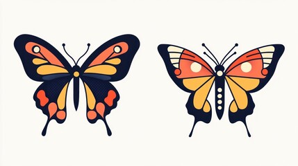 Two colorful butterfly illustration, flat style, isolated on white. Stock photo for kids, nature, or design elements