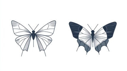 Two butterflies, line art, different coloring, vector graphic, for design
