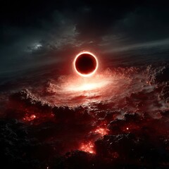 Obraz premium Abstract Cosmic Event - Fiery Dark Sun in Ominous Sky cosmic abstract ominous space eclipse dark sun