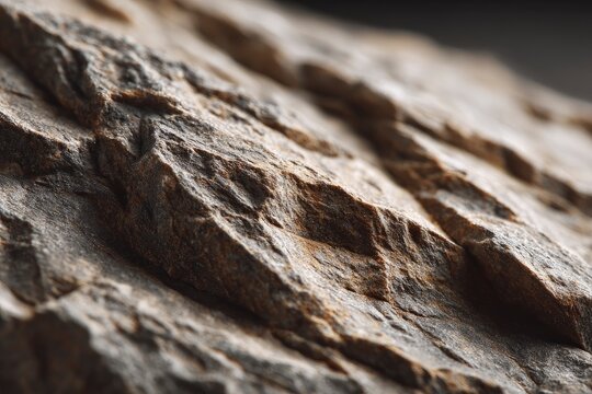 Closeup of rough browngray rock layers with varied textures  depths under dark lighting