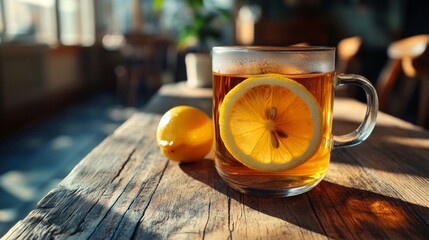 A glass of hot tea with a slice of lemon on a wooden table, useful for articles about healthy lifestyles and recipes for homemade drinks.