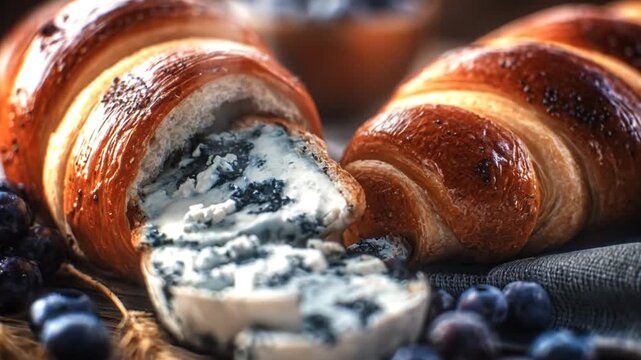 A delectable display of artisanal bread rolls, filled with creamy blue cheese, accompanied by fresh blueberries and wheat stalks, presented on a rustic wooden surface.