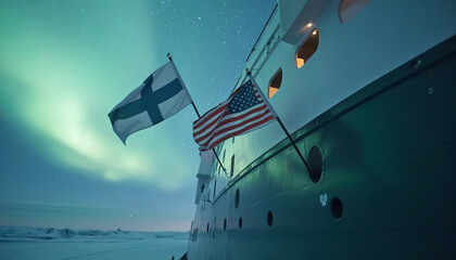 Ship Flying Finnish and American Flags Under Aurora Borealis